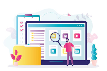 User searches database for files he needs. Man with magnifying glass looking for document in catalog from folders