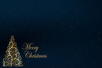 Merry Christmas gold text on dark blue background. Christmas card