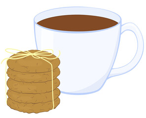 Oatmeal cookies tied with  rope and cup of tea or coffee cartoon vector illustration. Biscuits  and hot drink isolated on white.