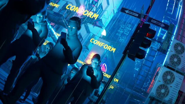 People hypnotized by their mobiles walk in the rain. Zombie walk.  Mind control