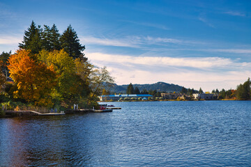 Fototapeta na wymiar Wood dock on the long lake, Nanaimo, Vancouver Island, British Columbia, Bc Canada