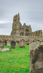 Obraz premium Historic abbey ruins and headstones or gravestones in a church yard on an overcast autumn day