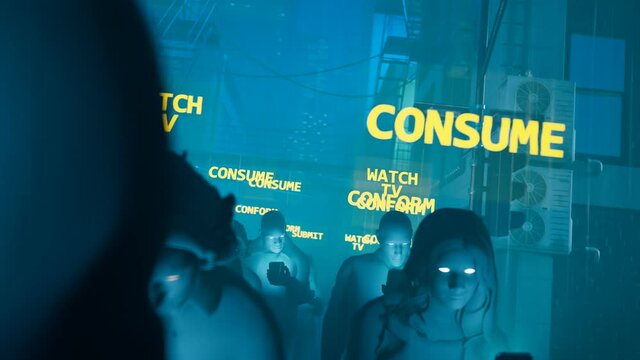 People hypnotized by their mobiles walk in the rain. Zombie walk.  Mind control