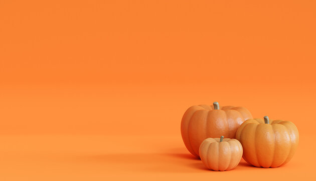 Pumpkins on orange background for advertising on autumn holidays or sales, 3d banner render