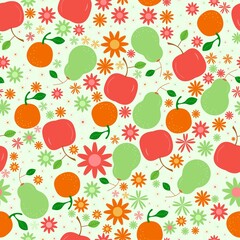 Colorful apple, pear, oranges with decorative elements and sparkles seamless vector pattern. Suitable for packaging, background, textile and many more. Surface pattern design.