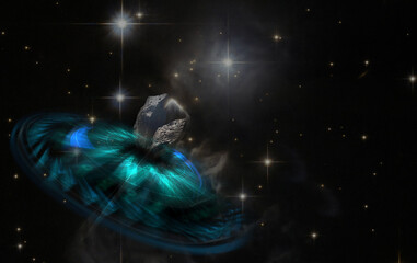 Abstract space wallpaper. UFO around meteorite over stars and cloud fields in outer space. Mesh lines. Mixed media art. Elements of this image furnished by NASA.