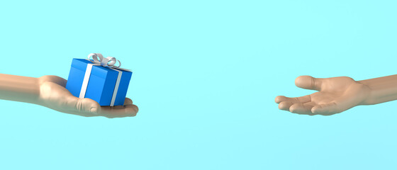 Giving Tuesday background with hand donating a gift. Philanthropy. 3D illustration.