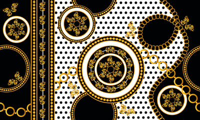 Seamless golden baroque chains pattern on black background.	