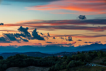 Colorful sunset in the vineyards at the border between Italy and Slovenia