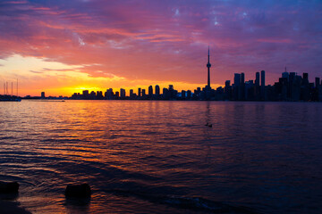 Toronto skyline at sunset with beautiful magenta pink sunset