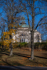 The church Skeppsholmskyrkan namned the Eric Ericsonhallen on the island Skeppsholmen in Stockholm a color full autumn day