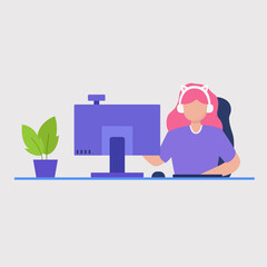 Girl streamer plays an online game. Vector illustration.