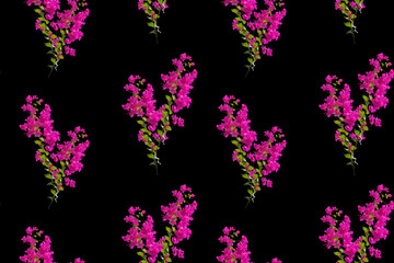 Seamless floral pattern with purple twigs on a black background.