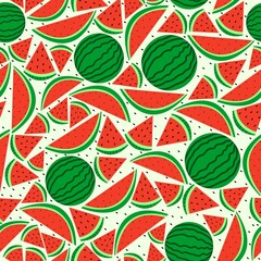 Cute watermelon slices seamless pattern with dispersed seeds. Suitable for scrapbook, packaging, fabric and sheets. Surface seamless pattern design.
