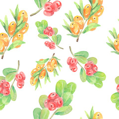 Branches Watercolor Botanical Seamless pattern. Hippophae Sea Buckthorn Illustration. Berries. Floral print. Desing for textile, fabric. Bright illustration. Endless print. Fall pattern. Automn plants