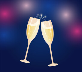 Beautiful champagne toast on a blue salute background. Cheers, two glasses. Vector illustration.
