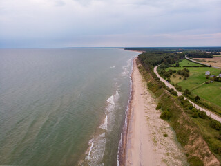 Obraz premium Areal drone helicopter view of baltic sea beach near jurkalne.