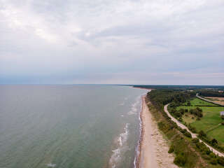 Fototapeta na wymiar Areal drone helicopter view of baltic sea beach near jurkalne.