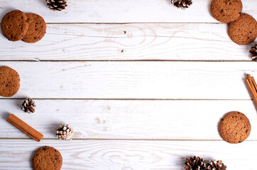 New Year's composition. Cookies and cones on a light background. Christmas background