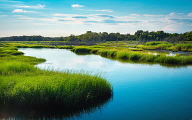 Fototapeta na wymiar Curving river and green marshland on Cape Cod at high tide. Vibrant colors of the green marsh plants and blue sky with reflections on the water surface.