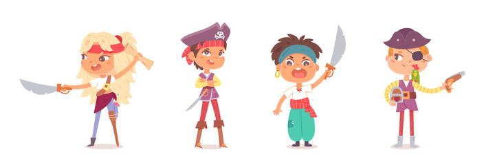 Pirate kid character for Halloween party set, boy girl in sailor or ship captain costume - obrazy, fototapety, plakaty