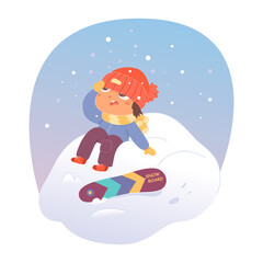 Cute boy sitting, falling from snowboard into snowdrift, snowboarder kid and fall danger