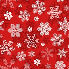 Seamless flat vector christmas pattern with snowflakes red and white. For textile, wallpaper or print design, wrapping paper cover