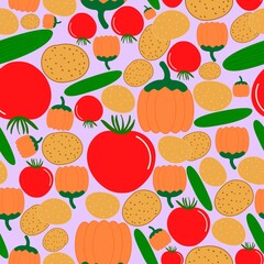 Pumpkin, tomato, potato and cucumber seamless cute pattern. Suitable for kitchen decorations, fabric, napkins, aprons and food packaging. Surface pattern seamless design on light purple background.