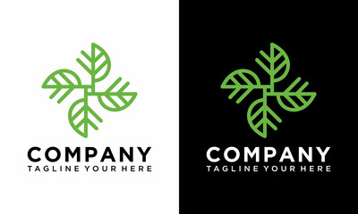Flower logo design template with line art concept leaf vector template on a black and white background.