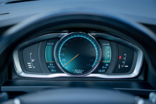 Cluj-Napoca, Cluj; Romania-23.05.2021-2015 Volvo S60, sedan sweden vehicle-digital instrument cluster, digital gauges, coloured themes, close up display photo