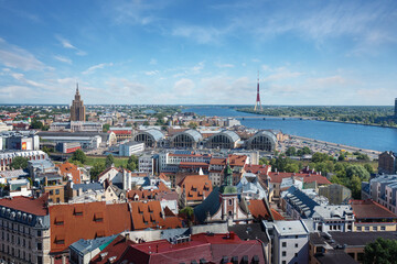 Fototapeta na wymiar Aerial view of Riga with Latvian Academy of Sciences, Riga Central Market and Riga Radio and TV Tower - Riga, Latvia