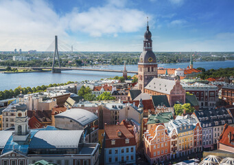 Colorful aerial view of Riga with Riga Cathedral and Vansu Bridge - Riga, Latvia