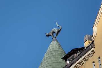 Detail of cat sculpture at Cat House - Art Nouveau architecture building in Riga - Riga, Latvia