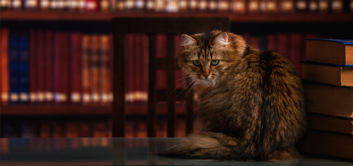 Cat on a library. Humorous portrait of scientific cat against bookshelves background. Copy space. © zwiebackesser