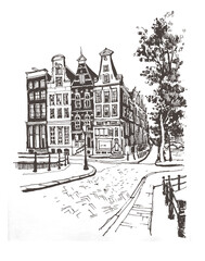 Liner sketches homes of Amsterdam, Holland, hand drawing sketch, graphic illustration. Hand drawn travel postcard. Travel sketch. Urban sketch in black color isolated on white background. 