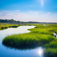 Cape Cod marshland seascape at sunrise. Vibrant colors of the green marsh plants and blue sky with...