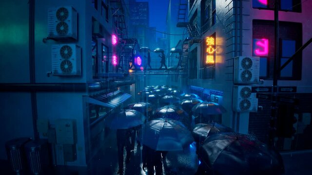 People walking in the rain with umbrellas. Street in the neons lights at night.