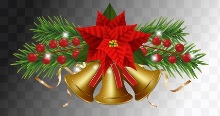 Christmas bells golden with Christmas flowers poinsettia on transparent background. Happy New Year border with garland Christmas tree branches and holly berries, gold ribbons. Vector