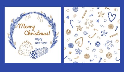 Christmas card template with fir-tree branches, decorations, xmas pudding and log. Blue and gold Christmas wreath. Vector illustration for winter and greeting card, poster, invitation, banner design.