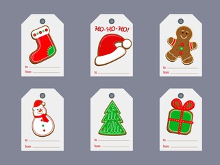 Christmas and New Year gift tags set with Snowman, Christmas tree, gift box, santa hat, gingerman. Collection of holiday label in red and green colors. Vector illustration on white background. 