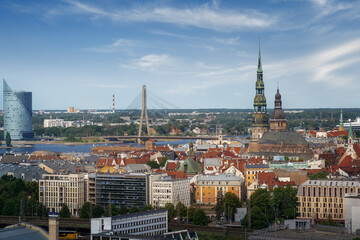 Fototapeta na wymiar Aerial view of Riga with St Peters Church, Riga Cathedral and Vansu Bridge - Riga, Latvia