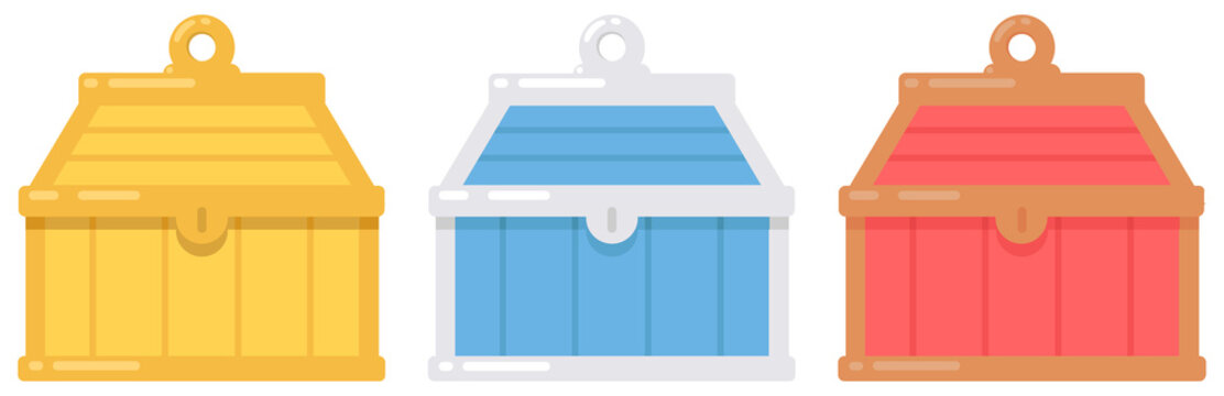 Set of closed antique treasure chest. Vector flat art