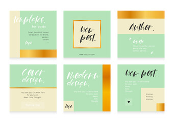 A set of templates for posts. Vector templates in a modern style in pastel colors. Green and beige graphic elements with gold accents.