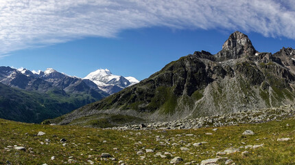 Obraz premium Views at Meidpass along Haute Route long distance hiking trail in Switzerland