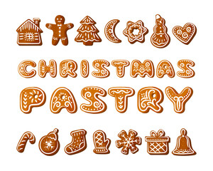 Christmas pastries. Gingerbread letters and figures painted with white glaze.