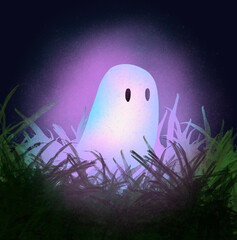 a cute ghost at night among the grass in the light of the moon