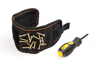 Tools magnetic bracelet on wrist with screws and screwdriver isolated on white background