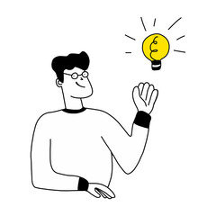 Young happy man holding lightbulb. Smiling boy with light bulb. Concept of generation of innovative ideas, creative thought, creativity and imagination. Flat cartoon colorful vector illustration.