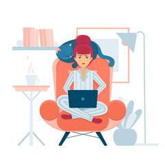 Girl in striped pajamas works at a laptop, sitting at home in a chair with a sleeping cat. Remote work. Quarantine.