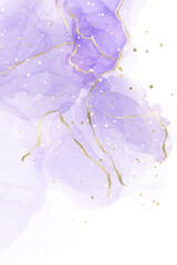 Fototapeta premium Purple lavender liquid watercolor background with golden lines. Pastel violet marble alcohol ink drawing effect. Vector illustration design template for wedding invitation, menu, rsvp